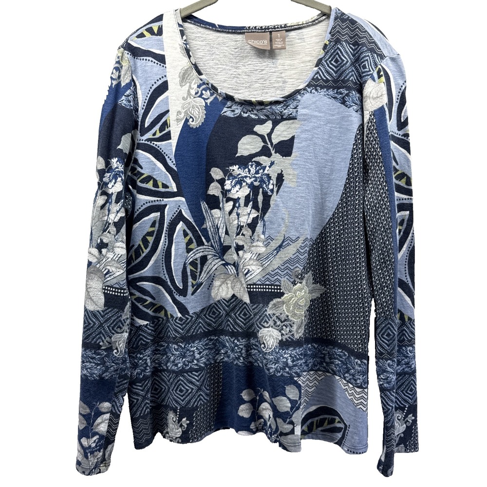 Chicos Womens Top Size 1 Medium Blue Artsy Floral Mixed Long Sleeve Cotton Knit